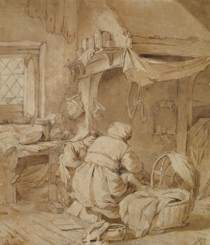 Farmhouse Parlour with Farmer, Cradle and Child, c.1654 (pen and ink and brush over pencil on paper)