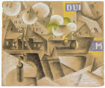 The Train Between the Houses (pastel and black chalk on brown card)