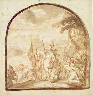 Claudius Civilis Leaving the Women and Children to go and Fight at Xanten, 1662 (pen and brown ink and chalk on paper)