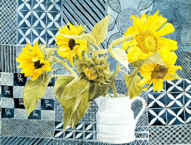 Sunflowers and batik cloth (w/c on paper)