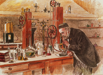 Louis Pasteur experimenting for the cure of hydrophobia in his laboratory, c.1885, pub. c.1895 (print)