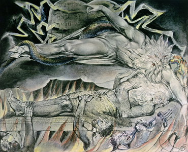 Illustrations of the Book of Job; Job's Evil Dreams, showing Job's God, who has become Satan with cloven hoof and entwined by a serpent, pointing to the Mosaic Tablets of the Law, 1825 (pen, watercolour over pencil)