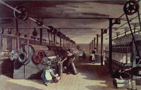 Interior of cotton mill, 19th century (print)