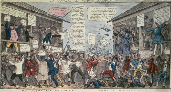 "A Specimen of British Elections: Open Bribery and Intimidation! Corruption and Venality!", c.1810 (engraving)