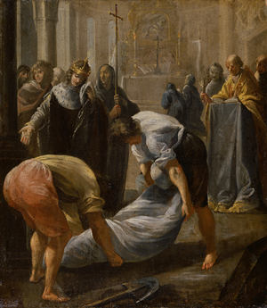 The Shrouding of Abbot Suger (1081-1151) in the Basilica of St. Denis in Paris, in the presence of King Louis VII (1120-80) of France, in 1152 (oil on panel)