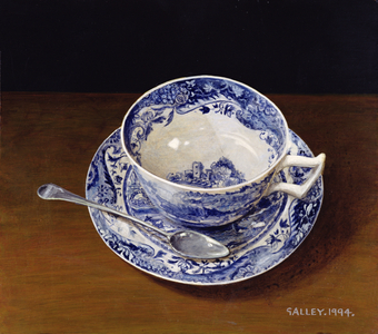 Cup and saucer and silver spoon, 1994 (acrylic on board)