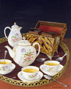 Tea on a tray and a tortoiseshell tea caddy, 1994 (acrylic on board)