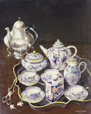 Silver kettle with blue and white tea china, 1994 (acrylic on board)