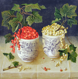 Pots of red and white berries, 1993 (acrylic on board)