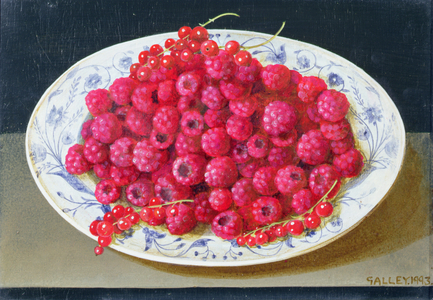 A plate of raspberries and berries, 1993 (acrylic on board)