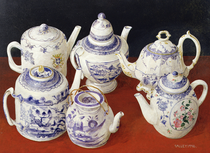 Six blue and white teapots, 1996 (acrylic on board)