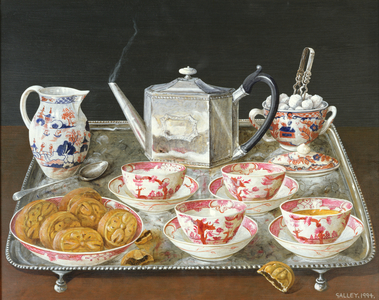 Teapot and Red and White China on a Silver Tray (oil on canvas)