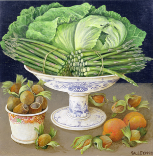 Asparagus, hazelnuts and cabbage, 1993 (acrylic on board)