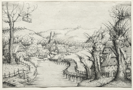 River Landscape with three bare willow-trees at right and a long winding wooden bridge at centre leading to a village, 1546 (etching)