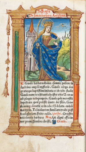 Printed Book of Hours (Use of Rome):  fol. 110v, St. Barbara, 1510 (112 Printed folios on parchment, bound)