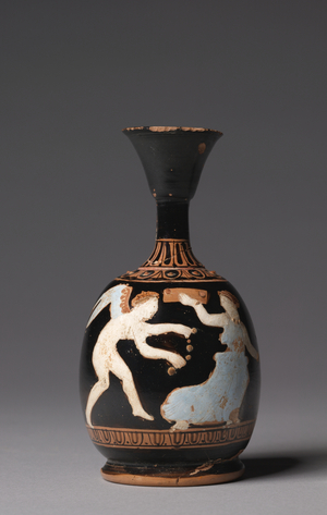 Squat Lekythos (oil jug), 400-375 BC (red-figure terracotta)