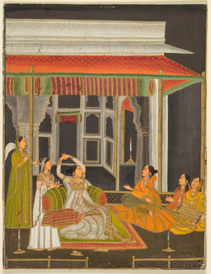A princess on a terrace with attendants at night (recto); Calligraphy (verso), c. 1760 (opaque w/c with gold on paper)