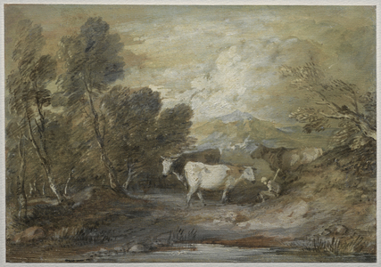 A Herdsman with Three Cows by an Upland Pool, mid 1780s (w/c, ink & oil paint heightened with white chalk)