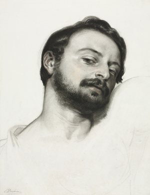 Head of a Man (charcoal heightened with sanguine on white cardboard)