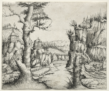 River Landscape with rocks at left ana at right, 1546 (etching)