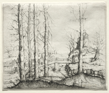 River Landscape with Five Bare Spruce Trees in the Foreground, 1549 (etching)
