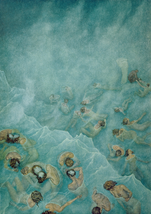 Traitors to their kindred are encased in ice up to their necks in the frozen lake of Cocytus, from Canto XXXII of 'Inferno' from 'The Divine Comedy' by Dante Alighieri, 1923 (colour litho)