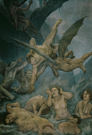 In the fifth Bolgia of the eighth circle of hell corrupt politicians are immersed in a lake of boiling pitch and guarded by devils called the Malebranche, from Canto XXI of 'Inferno' from 'The Divine Comedy' by Dante Alighieri, 1923 (colour litho)