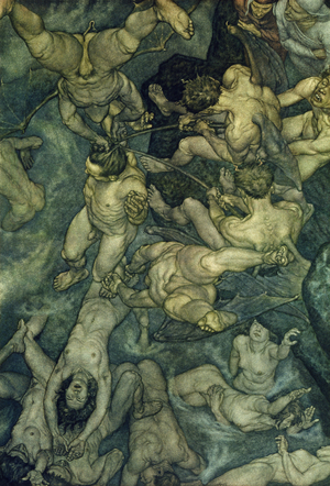 The pain of the corrupt politicians in the lake of boiling pitch, from Canto XXII of 'Inferno' from 'The Divine Comedy' by Dante Alighieri, 1923 (colour litho)