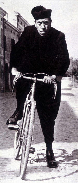 Fernandel on a bike in “The Great Fight of Don Camillo”, n.d.