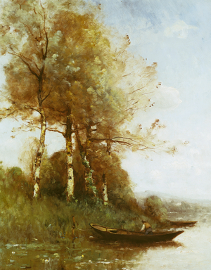 Morning Effect, Silver Birches and a River (oil on canvas)