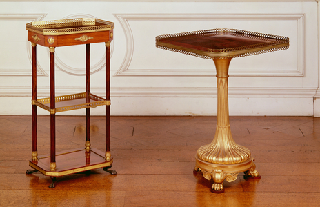 Regency rosewood three tier whatnot and kingwood lamp table in Egyptian style