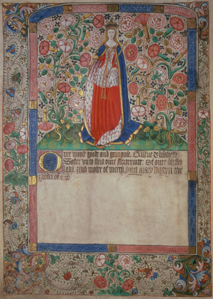 Elizabeth Woodville (c.1437-92) Queen Consort of King Edward IV of England (1442-83) (vellum) (see 125101 for detail)