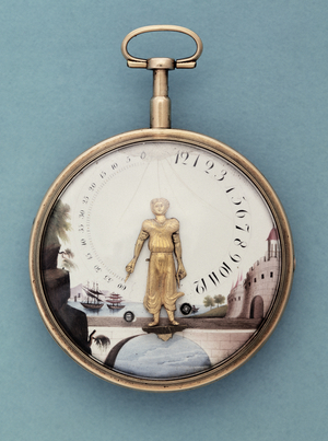 Gold cased bras-en-l'air pocket watch with verge escapement, time indicated by raised arms of gilt figure, c.1810