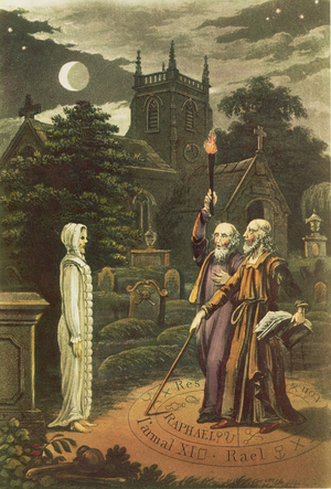 Edward Kelly (b.1555) a magician, and his partner the mathematician and astrologer, John Dee (1527-1608) raising a ghost (hand-coloured engraving)