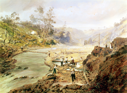 'Fortyniners' washing gold from the Calaveres River, California, 1858 (oil on canvas)