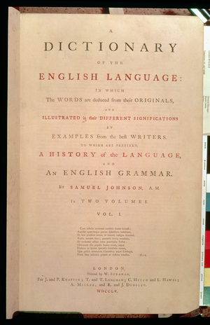 Title page of volume I of the English Dictionary by Dr Samuel Johnson (1709-84), pub. in 1755 (print)