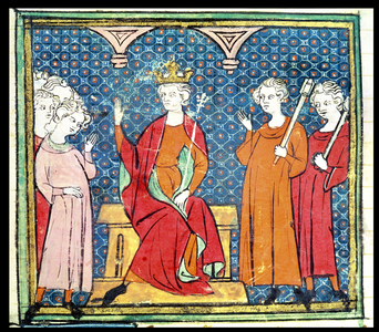 f.14v Childeric II (c.653-73), Merovingian King of Austrasia, from the Grandes Chroniques de France, 1375-79 (vellum)