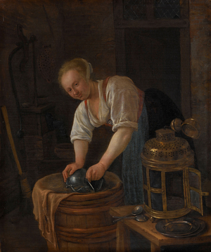 Woman scouring metalware, 1650 (oil on panel)