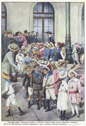 The children of the Italian Spring return to Milan from the climatic and seaside colonies (colour litho)