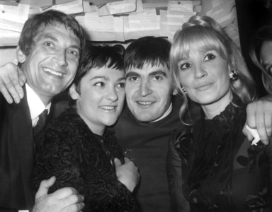 In his Dressing Room at Bobino Theatre After his Concert Serge Lama Is Congratulated By Felix Marten, Suzanne Gabriello and Daisy (Serge'S Wife) on October 24, 1968 (b/w photo)