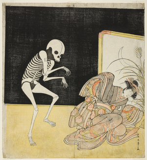 The actors Ichikawa Danjuro V as a skeleton, spirit of the renegade monk Seigen (left), and Iwai Hanshiro IV as Princess Sakura (right), in the play 'Vestiges of Pine and Cherry', 1783 (colour woodblock print; hosoban diptych)