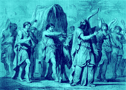 The Bible-David playing the harp while bringing the Ark of the Covenant from Kirjath-Jearim with other musicians, 19th century (print)