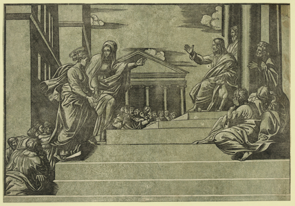 Martha and Mary Magdalene Before Christ, Martha Presenting Her Sister Mary Magdalene to Jesus, Who Reaches His Arm Out to Greet Them. Several Others Are Seated on the Steps Around Jesus.