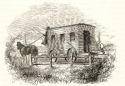 Experiment', the first passenger railway carriage, built by George Stephenson for the Stockton and Darlington line in 1825. Passengers entered from the back. From Samuel Smiles The Story of the Life of George Stephenson, London, 1859.