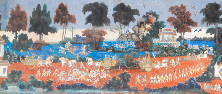 Reamker frescoes adorning the walls of the royal palace complex in Phnom Penh, Cambodia (photo)