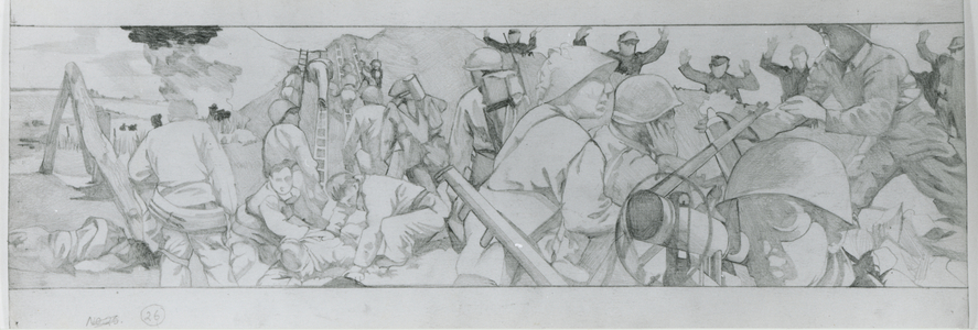 American troops move inland after D-Day taking German prisoners (pencil on paper)