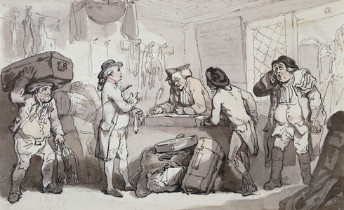 The Coach Booking Office: Thomas Rowlandson and Henry Wigstead Booking Their Passage, (pencil, pen and ink and watercolour)