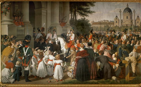 Emperor Franz I, returns to Vienna from the battle of Leipzig … (mural painting)