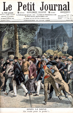policemen arresting the clients of cabaret l'Angelus in Les Halles dictrict in Paris, among whom are prostitutes, and also Lechapier member of the underworld, frontpage of newspaper Petit Journal june 20, 1909