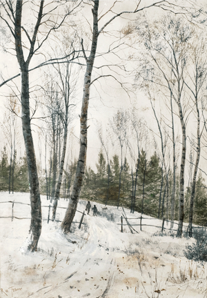 Two figures in a winter woodland, 19th century (watercolour with bodycolour)